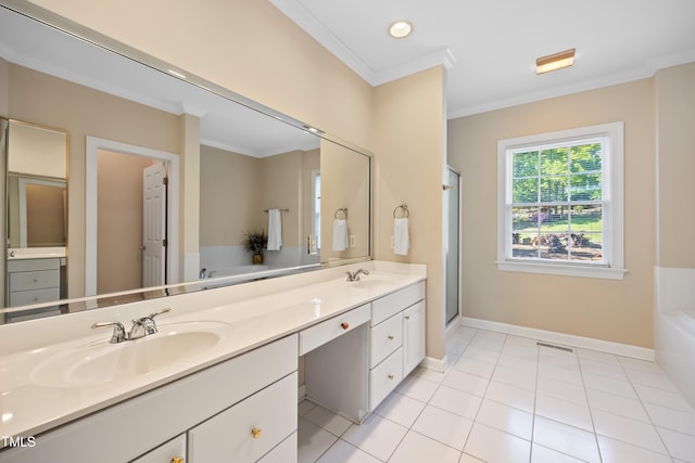 306 Neuse Ridge Dr, Clayton, NC 27527 - full bathroom featuring crown molding, a garden tub, double vanity, tile patterned floors, and a shower stall