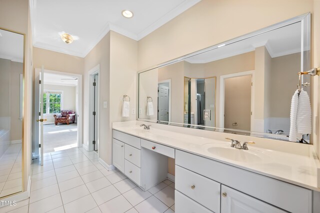 306 Neuse Ridge Dr, Clayton, NC 27527 - full bath featuring crown molding, double vanity, tile patterned flooring, and recessed lighting