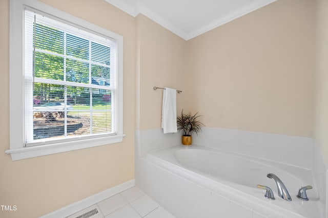306 Neuse Ridge Dr, Clayton, NC 27527 - bathroom featuring a bath, tile patterned flooring, plenty of natural light, and crown molding