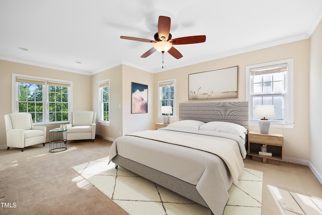 306 Neuse Ridge Dr, Clayton, NC 27527 - bedroom with light colored carpet, ornamental molding, and ceiling fan