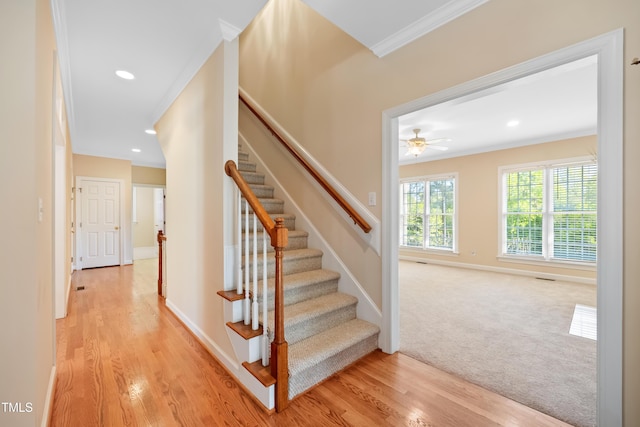 306 Neuse Ridge Dr, Clayton, NC 27527 - staircase featuring ornamental molding, wood finished floors, ceiling fan, and recessed lighting