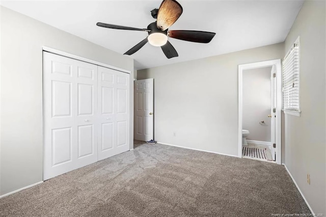325 Hamilton St, Fayetteville, NC 28301 - unfurnished bedroom with a closet, carpet floors, connected bathroom, and ceiling fan