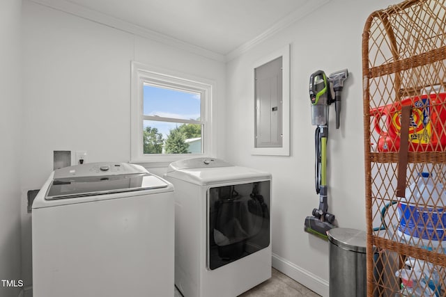 12082 NC-42, Fuquay Varina, NC 27526 - laundry room featuring electric panel, washing machine and dryer, and crown molding