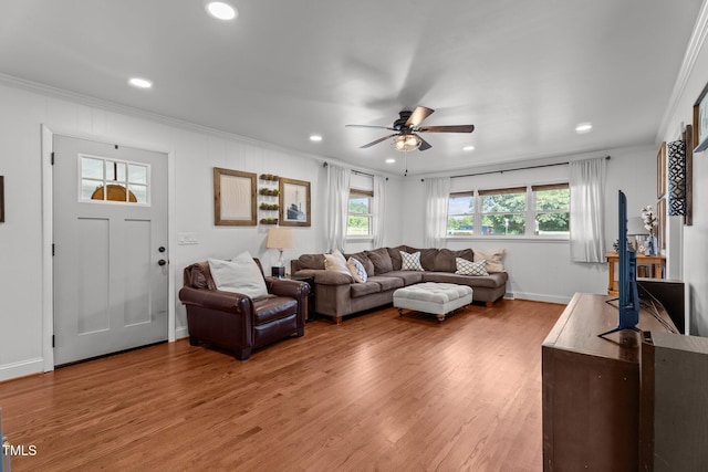 12082 NC-42, Fuquay Varina, NC 27526 - living room with ornamental molding, a ceiling fan, light wood-type flooring, and recessed lighting