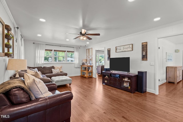 12082 NC-42, Fuquay Varina, NC 27526 - living area featuring crown molding, ceiling fan, wood finished floors, and recessed lighting
