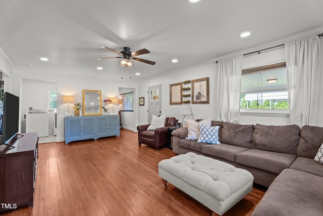 12082 NC-42, Fuquay Varina, NC 27526 - living room with a ceiling fan, healthy amount of natural light, crown molding, recessed lighting, and light wood-type flooring