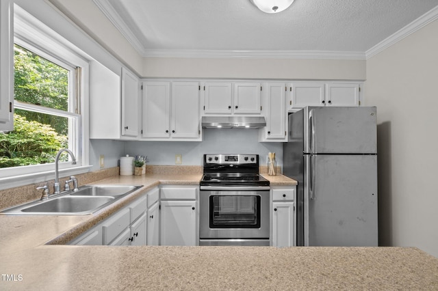 3007 Appling Way, Durham, NC 27703 - kitchen featuring stainless steel appliances, under cabinet range hood, ornamental molding, light countertops, and white cabinetry