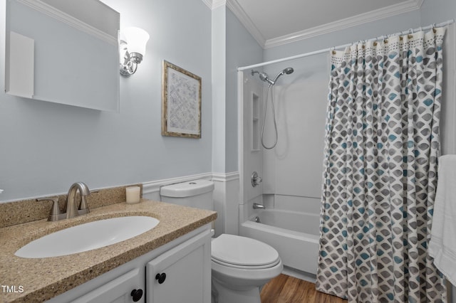 3007 Appling Way, Durham, NC 27703 - bathroom with shower / tub combo, ornamental molding, vanity, and wood finished floors