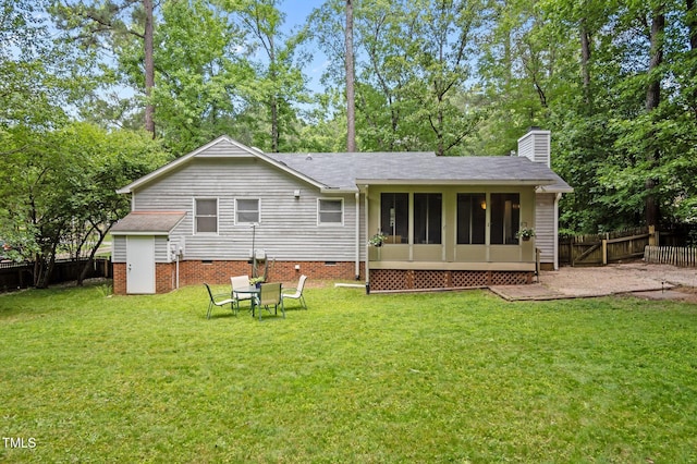 3007 Appling Way, Durham, NC 27703 - rear view of house with crawl space, a chimney, a sunroom, a shingled roof, and view of scattered trees