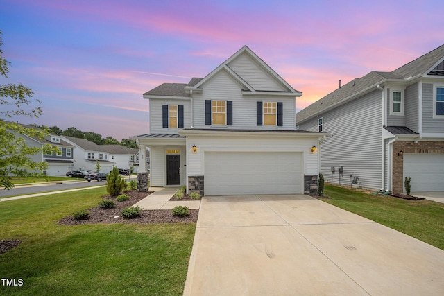 80 Nailsworth St, Angier, NC 27501 - traditional home with an attached garage, driveway, stone siding, and a lawn
