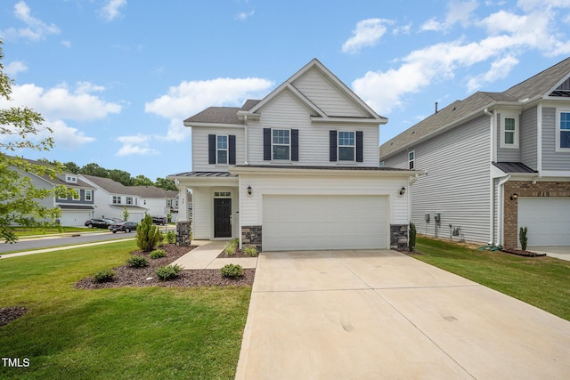 80 Nailsworth St, Angier, NC 27501 - view of front of property with a garage, driveway, stone siding, and a front lawn