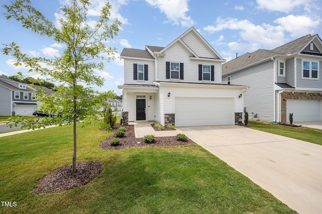 80 Nailsworth St, Angier, NC 27501 - view of front of property with an attached garage, driveway, stone siding, a front yard, and a standing seam roof
