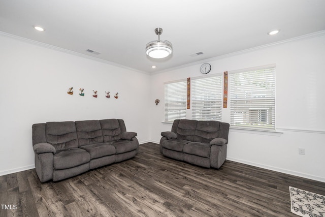 937 Baldwin Ridge Rd, Apex, NC 27523 - living area with dark wood-type flooring, ornamental molding, and recessed lighting