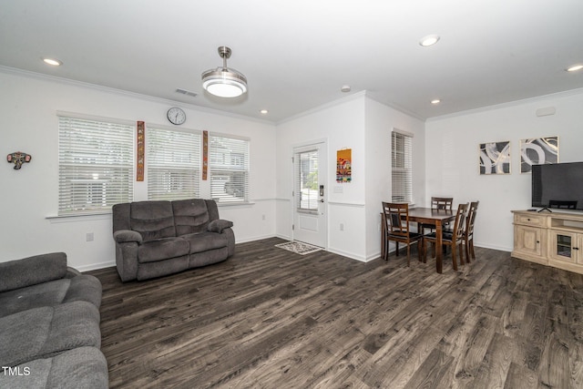 937 Baldwin Ridge Rd, Apex, NC 27523 - living room featuring ornamental molding, wood finished floors, and recessed lighting