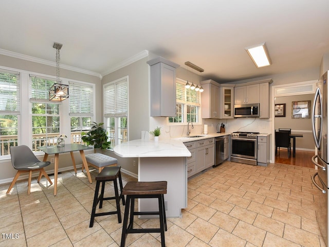1005 Fairfax Woods Dr, Apex, NC 27502 - kitchen with appliances with stainless steel finishes, gray cabinetry, a peninsula, ornamental molding, and plenty of natural light