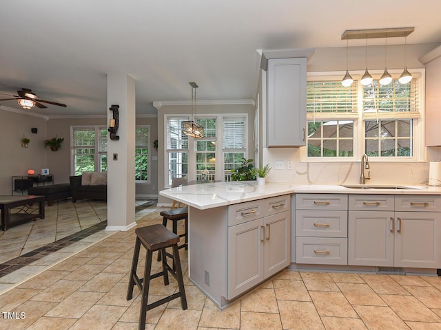 1005 Fairfax Woods Dr, Apex, NC 27502 - kitchen featuring crown molding, gray cabinetry, a ceiling fan, hanging light fixtures, and a breakfast bar