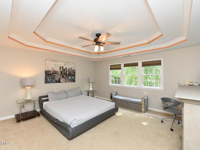 1005 Fairfax Woods Dr, Apex, NC 27502 - bedroom with a tray ceiling, carpet, ornamental molding, and a ceiling fan