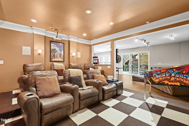 534 Siltstone Pl, Cary, NC 27519 - home theater room with recessed lighting, ornamental molding, and wood finished floors