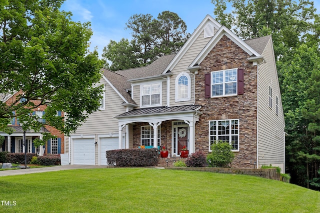 534 Siltstone Pl, Cary, NC 27519 - view of front of home with stone siding, driveway, a porch, and a front lawn