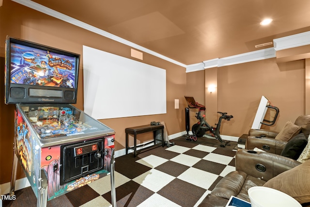 534 Siltstone Pl, Cary, NC 27519 - home theater featuring crown molding, tile patterned floors, and recessed lighting