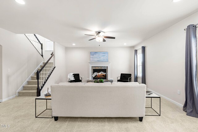 3504 Regent Pines Dr, New Hill, NC 27562 - living area with ceiling fan, light carpet, stairway, a fireplace, and recessed lighting