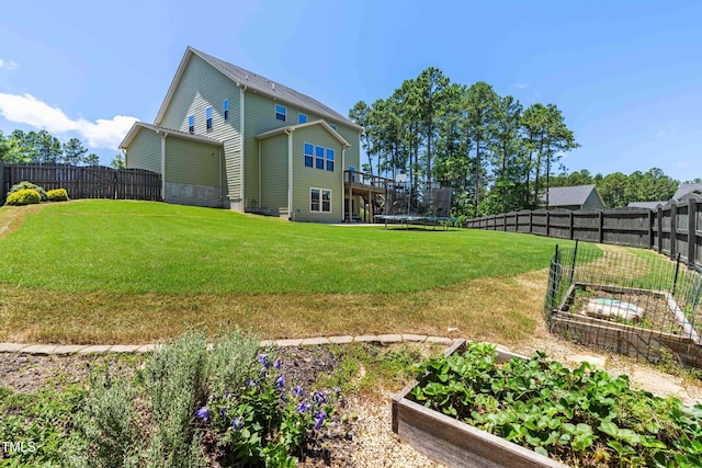 3504 Regent Pines Dr, New Hill, NC 27562 - fenced backyard featuring a vegetable garden and a trampoline