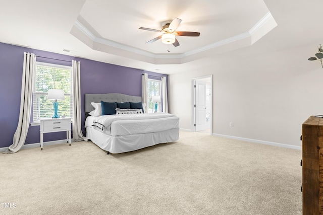 3504 Regent Pines Dr, New Hill, NC 27562 - bedroom with a raised ceiling, crown molding, carpet flooring, multiple windows, and a ceiling fan