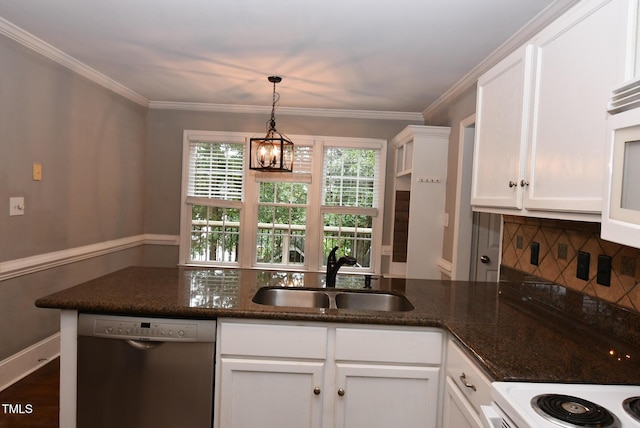 3209 Leebrook Rd, Raleigh, NC 27616 - kitchen with dishwasher, white cabinetry, dark stone countertops, decorative light fixtures, and a chandelier