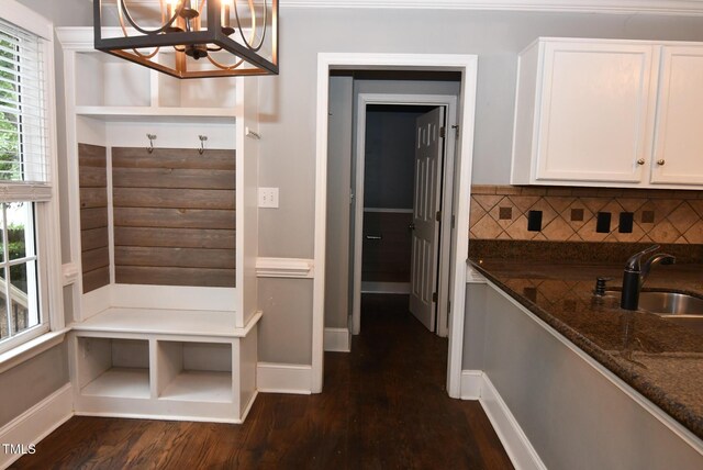3209 Leebrook Rd, Raleigh, NC 27616 - mudroom with a chandelier and dark wood-style floors