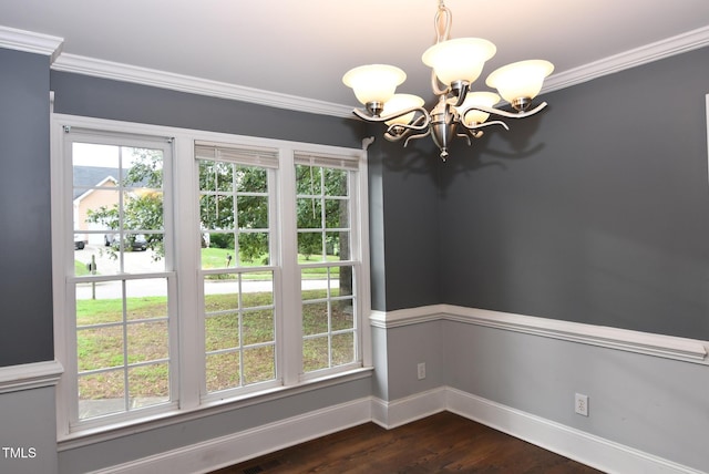 3209 Leebrook Rd, Raleigh, NC 27616 - unfurnished dining area featuring a chandelier, dark wood-style floors, and crown molding