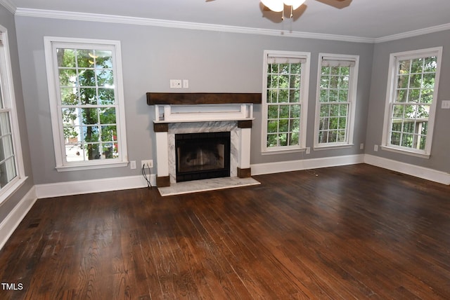 3209 Leebrook Rd, Raleigh, NC 27616 - unfurnished living room with a ceiling fan, hardwood / wood-style floors, ornamental molding, and a premium fireplace