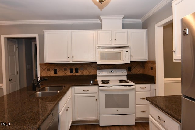 3209 Leebrook Rd, Raleigh, NC 27616 - kitchen with white appliances, white cabinets, tasteful backsplash, dark stone countertops, and crown molding