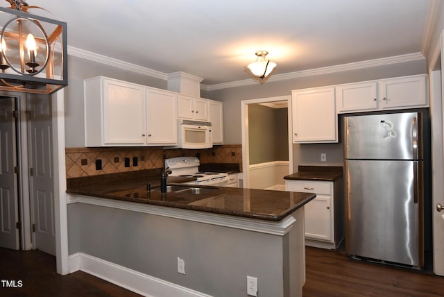 3209 Leebrook Rd, Raleigh, NC 27616 - kitchen featuring white appliances, white cabinets, backsplash, dark stone countertops, and ornamental molding