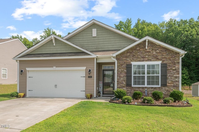 2730 Spring Valley Dr, Creedmoor, NC 27522 - craftsman house with stone siding, driveway, a front yard, and a garage