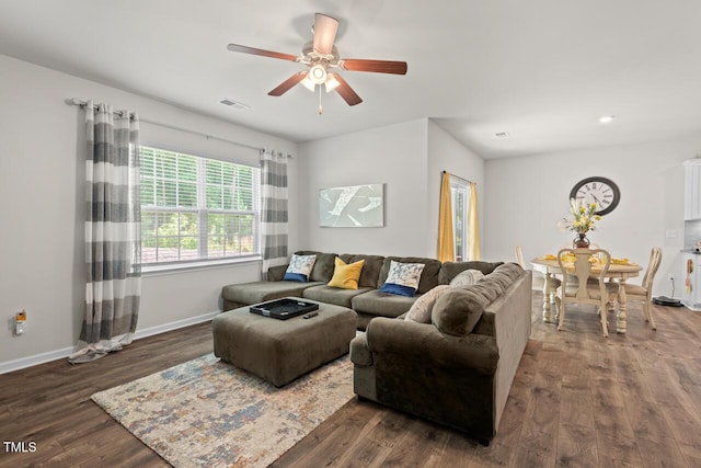 2730 Spring Valley Dr, Creedmoor, NC 27522 - living room with dark wood finished floors and ceiling fan