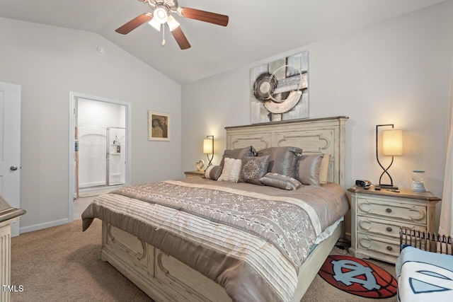 2730 Spring Valley Dr, Creedmoor, NC 27522 - carpeted bedroom featuring lofted ceiling, ceiling fan, and ensuite bathroom