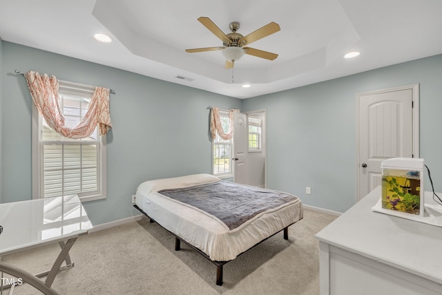 48 Manito Pl, Clayton, NC 27520 - bedroom featuring a tray ceiling, recessed lighting, light carpet, and a ceiling fan