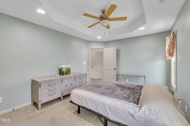 48 Manito Pl, Clayton, NC 27520 - bedroom with recessed lighting, a tray ceiling, light carpet, and ceiling fan