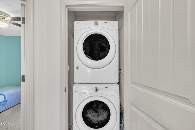 48 Manito Pl, Clayton, NC 27520 - washroom with stacked washer and clothes dryer and ceiling fan