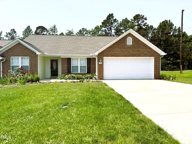 106 Knight Ct, Graham, NC 27253 - single story home with a garage, a front lawn, driveway, brick siding, and roof with shingles