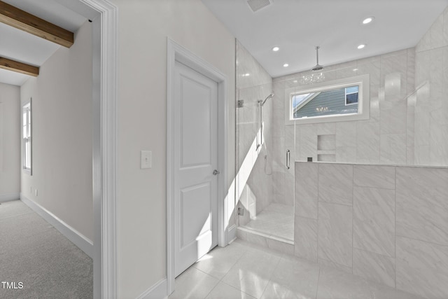 543 Allessandra Dr, Clayton, NC 27527 - full bathroom with a shower stall, plenty of natural light, recessed lighting, beam ceiling, and tile patterned flooring