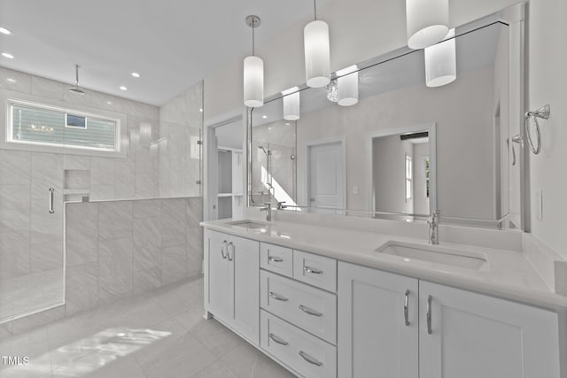 543 Allessandra Dr, Clayton, NC 27527 - full bathroom with a shower stall, double vanity, recessed lighting, and tile patterned flooring