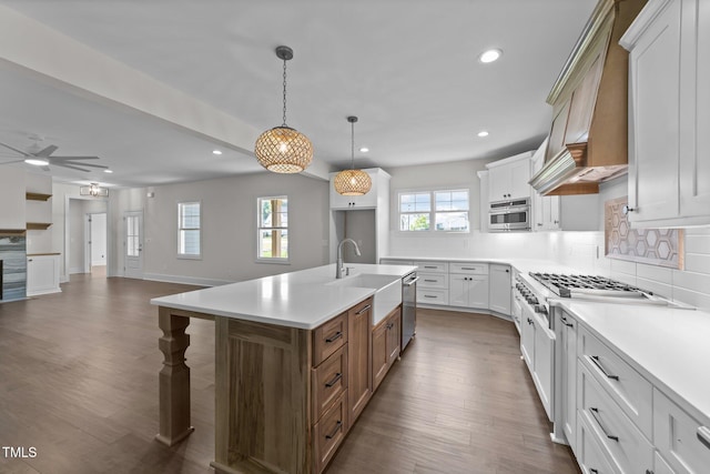 543 Allessandra Dr, Clayton, NC 27527 - kitchen featuring premium range hood, dark wood-type flooring, appliances with stainless steel finishes, ceiling fan, and backsplash