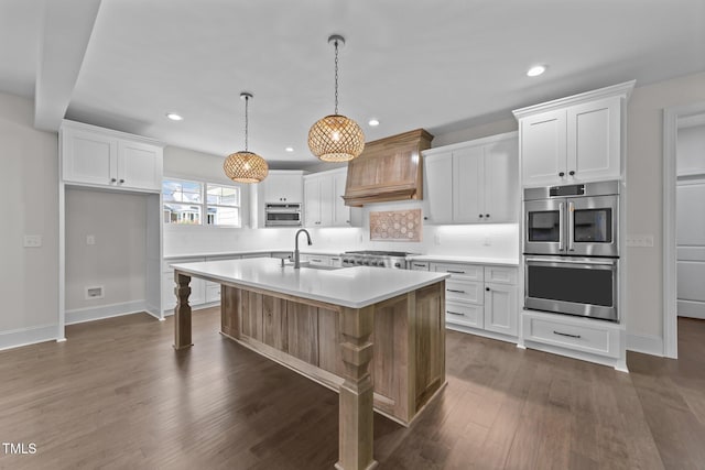 543 Allessandra Dr, Clayton, NC 27527 - kitchen with appliances with stainless steel finishes, premium range hood, dark wood-type flooring, light countertops, and backsplash