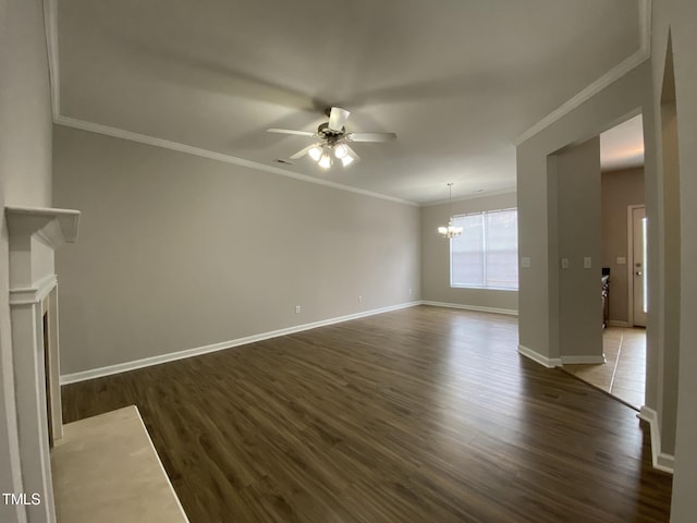 545 Writers Way, Morrisville, NC 27560 - unfurnished living room featuring a chandelier, a ceiling fan, dark wood-style floors, and crown molding