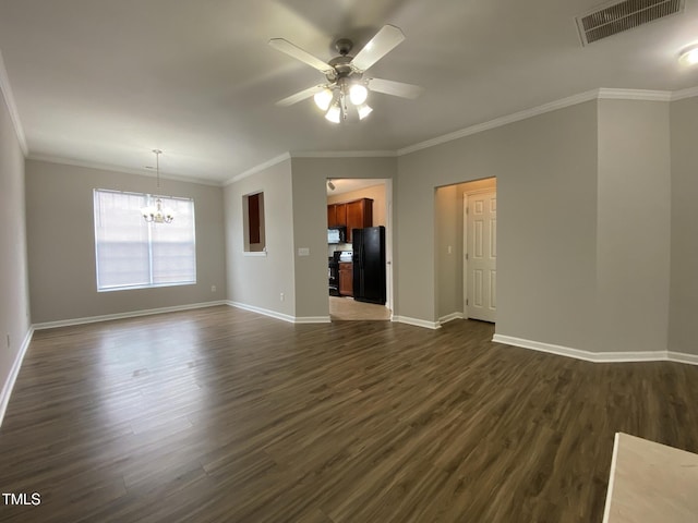 545 Writers Way, Morrisville, NC 27560 - unfurnished living room featuring ceiling fan, a chandelier, ornamental molding, and dark wood-type flooring