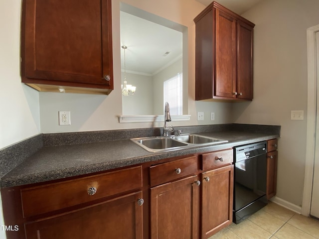 545 Writers Way, Morrisville, NC 27560 - kitchen featuring black dishwasher, dark countertops, crown molding, light tile patterned floors, and a chandelier