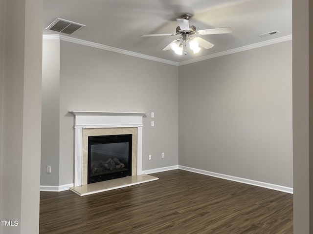 545 Writers Way, Morrisville, NC 27560 - unfurnished living room with ceiling fan, dark wood finished floors, crown molding, and a premium fireplace
