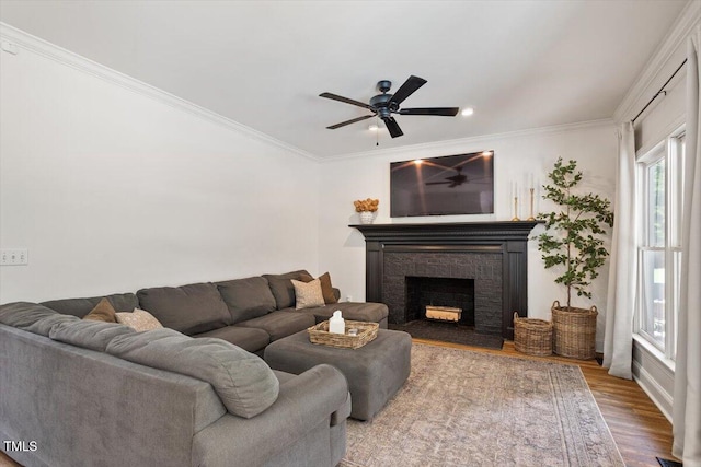 5833 Dahlberg Dr, Raleigh, NC 27603 - living area featuring wood finished floors, a fireplace, ceiling fan, and ornamental molding