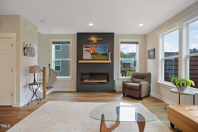 2055 Eva Pearl Dr, Apex, NC 27502 - living room with a fireplace, wood finished floors, and recessed lighting